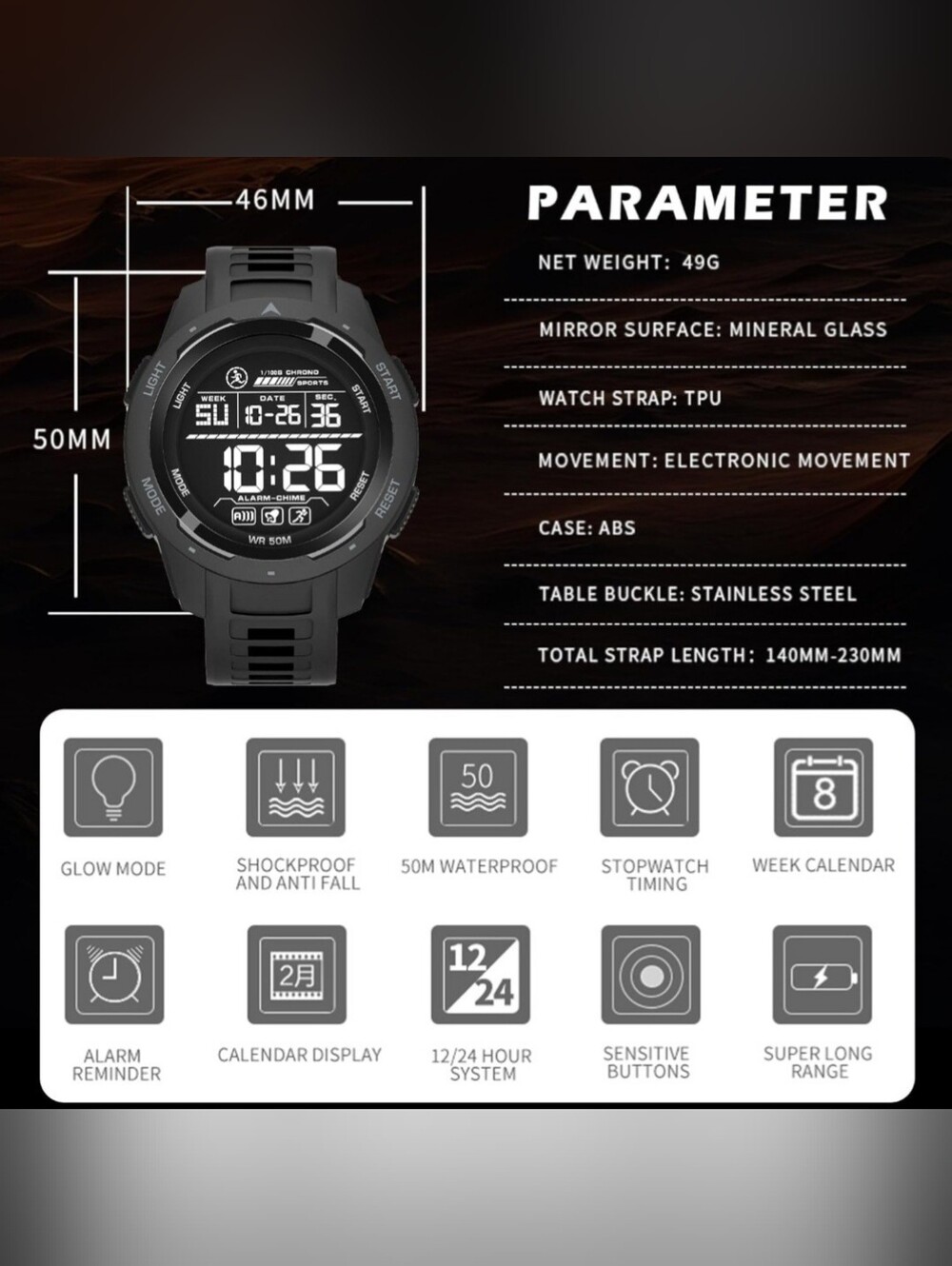 Dual Function Digital Sports Watch, Waterproof 5ATM, LED, Military Style - Picture 7 of 7